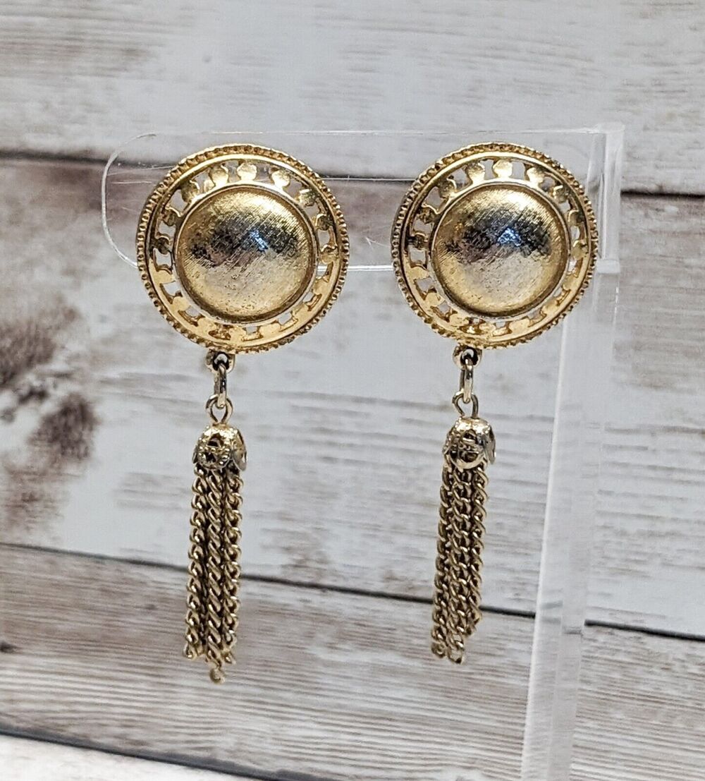 Vintage Clip On Earrings - Statement Gold Tone with Chain Dangle 2.5" Long